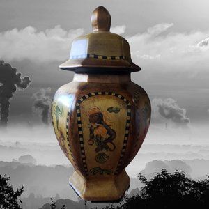 Aztek Monkey & Palm Tree Ginger Jar - Large Ceramic - Bronzed